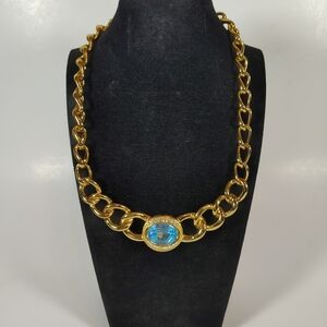 Vtg Christian Dior 90s Aqua Blue Oval Crystal Chunky Gold Choker Necklace w/ext.